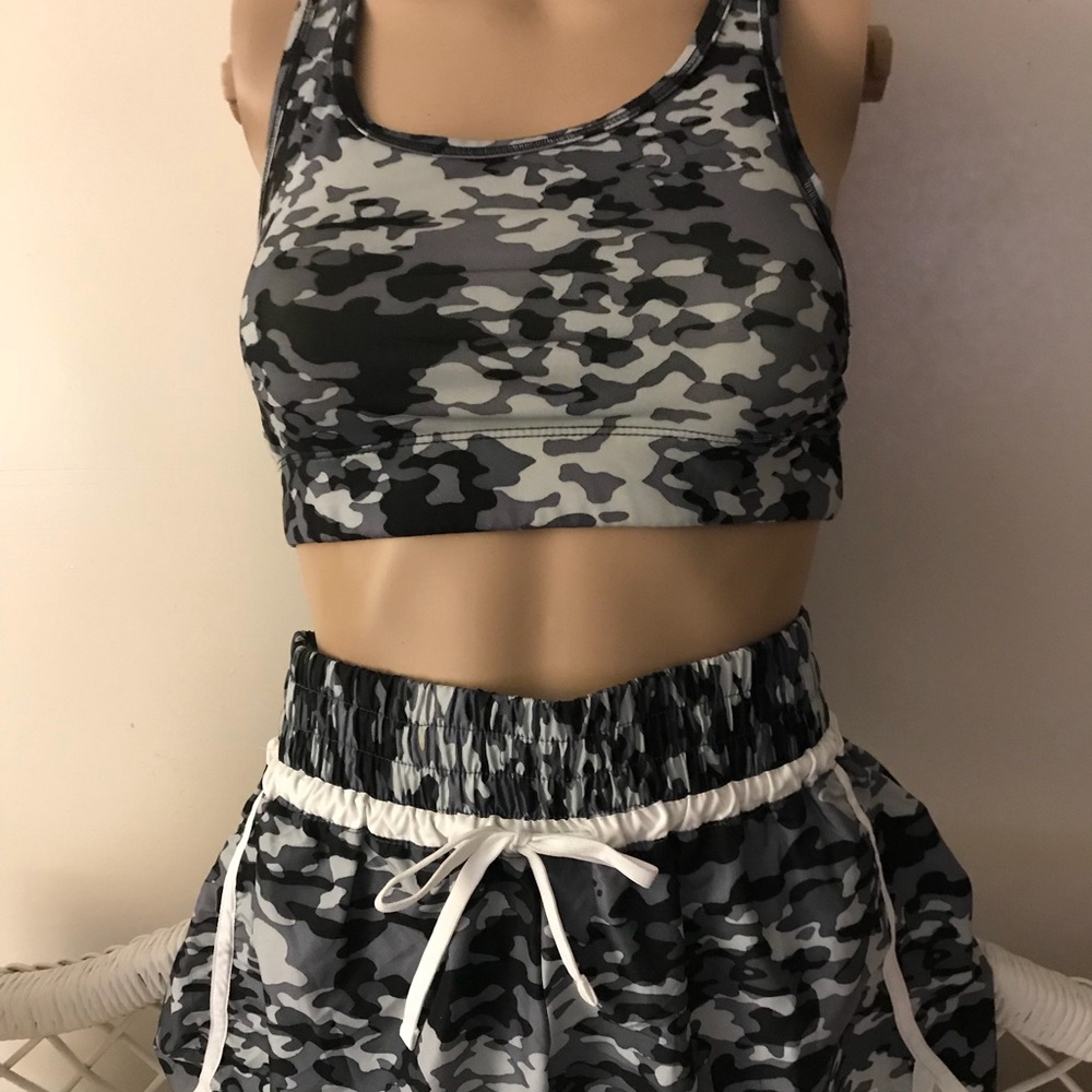 Champion Women's Gray Black White Camo Sports Bra and Shorts Set